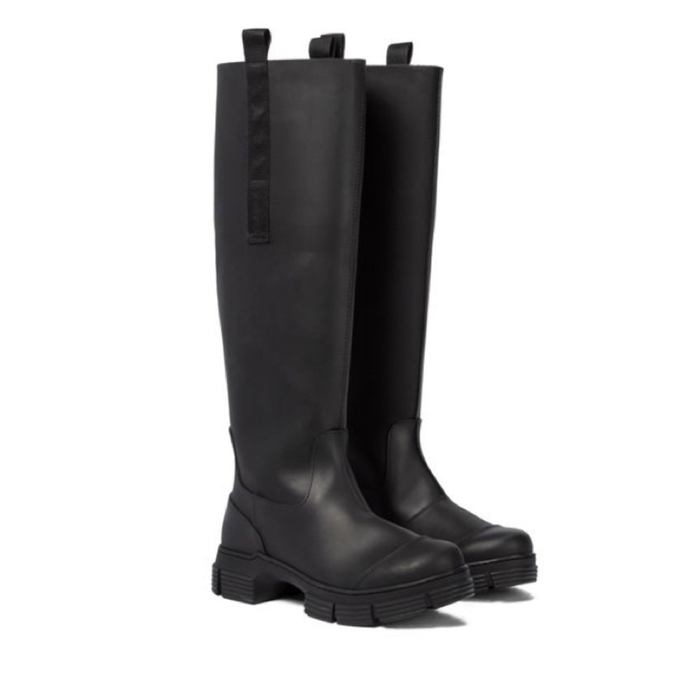 GANNI black knee high faux fur lined chunky boots with tabs - Picture 7 of 16